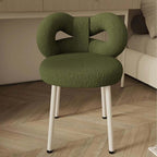 Boucle vanity stool with butterfly-shaped backrest in pink, green, and white colors