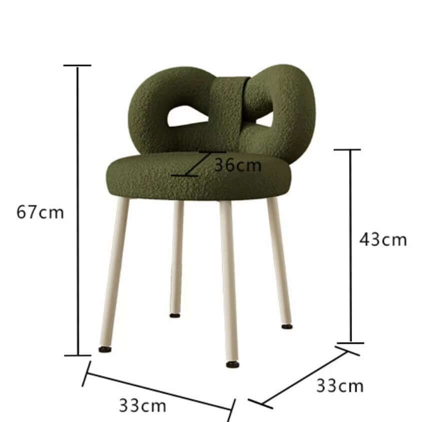 Boucle vanity stool with butterfly-shaped backrest in pink, green, and white colors