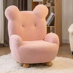 Pink and white boucle chair with adorable bear-shaped backrest