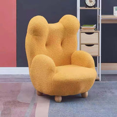 Elegant boucle chair with bear-shaped backrest in yellow, pink, and white tones