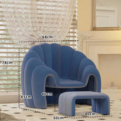 White, brown, and blue modern velvet chair and ottoman with eye-catching design