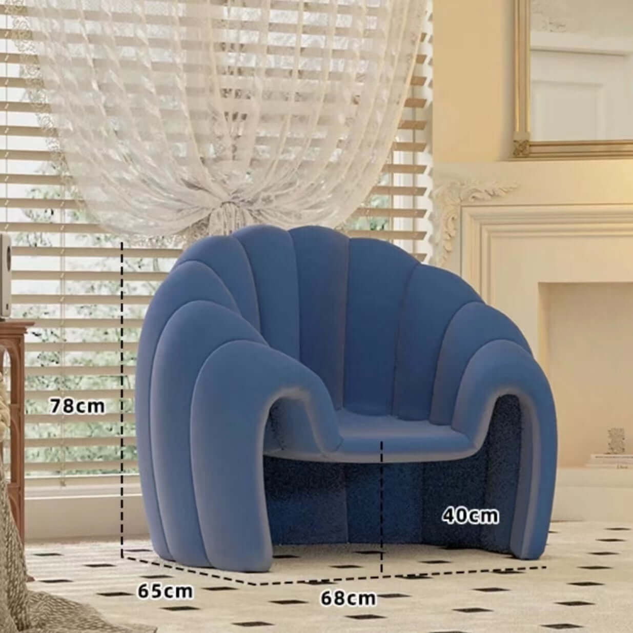 Banana or pumpkin design velvet accent chair with ottoman in white, brown, and blue