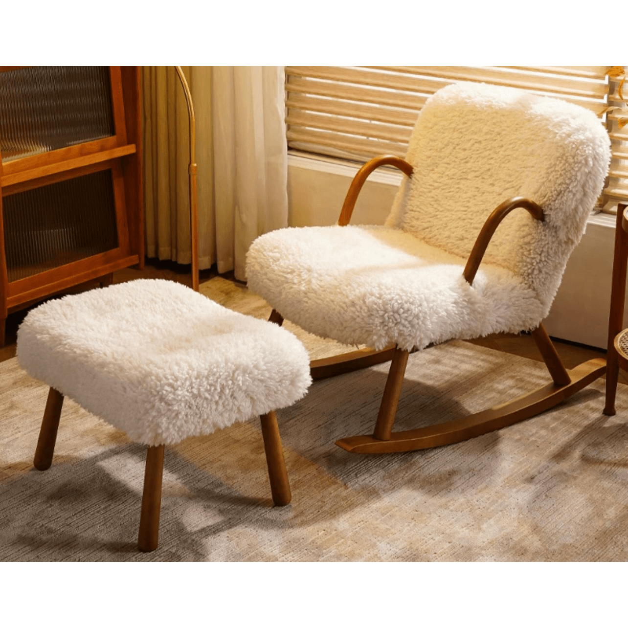 White khaki Gray Boucle Sherpa Upholstery Rocking Chair Solid Wood Accent Chair in Walnut White Rocking Chair with Ottoman