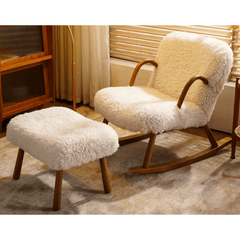 Stylish Khaki Boucle Sherpa Upholstery Rocking Chair with Walnut Solid Wood Frame