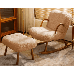 White Gray Boucle Sherpa Rocking Chair Upholstered in Soft Khaki Fabric