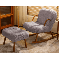 Chic Walnut Accent Chair with White Khaki Gray Boucle Sherpa Upholstery