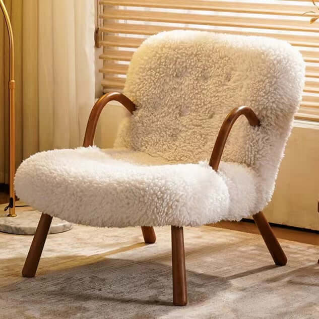 Cozy Rocking Chair with Gray White Boucle Sherpa Upholstery and Walnut Frame
