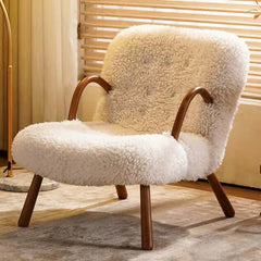 Cozy Rocking Chair with Gray White Boucle Sherpa Upholstery and Walnut Frame