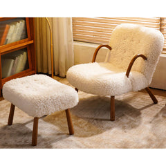 Modern White Grey Accent Chair with Khaki Boucle Fabric and Walnut Finish