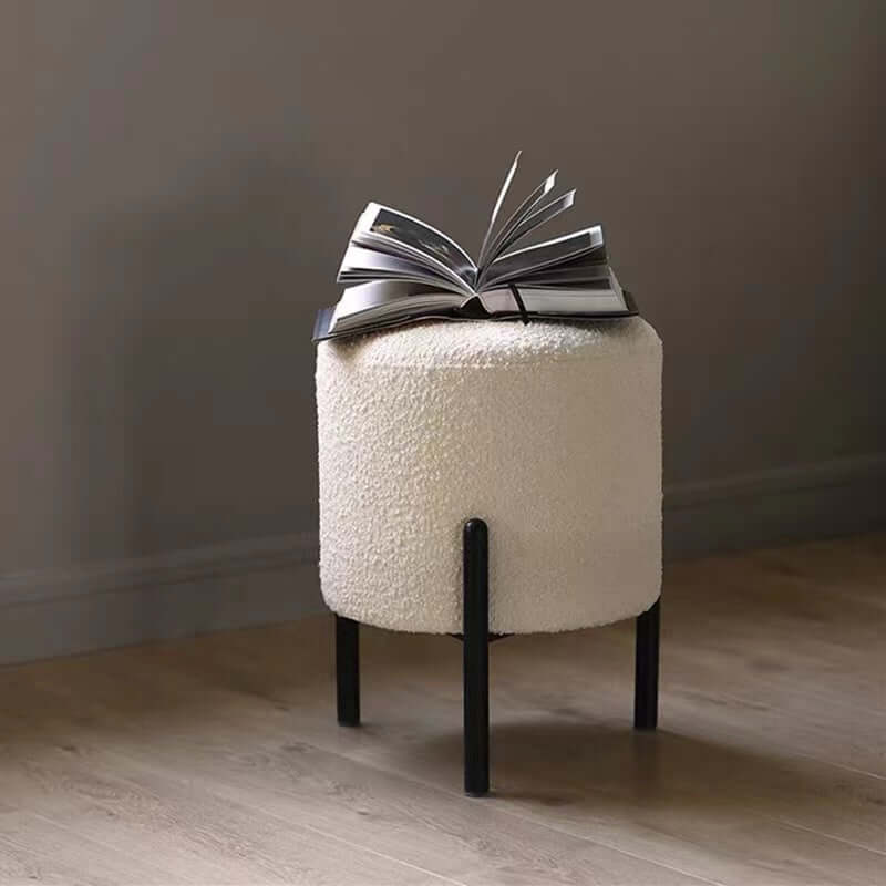 Round Nordic white boucle sherpa vanity stool with black legs, perfect as an accent chair