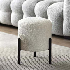 Nordic White Boucle Sherpa Round Vanity Stool Accent Chair with Black Legs for Modern Home Decor