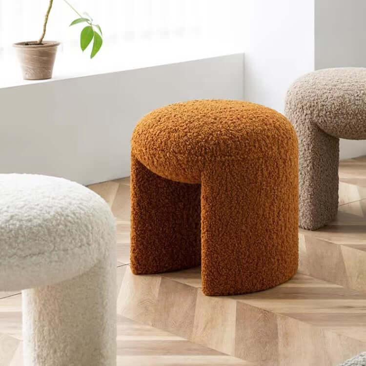 Brown and white boucle stool with short and long design, ideal for living room, bedroom, or entryway seating