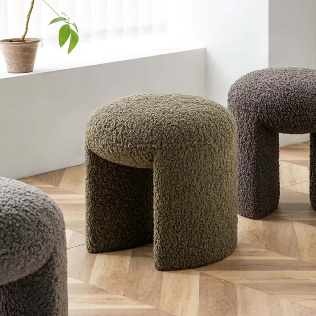 Brown and white boucle stool with short and long design, ideal for living room, bedroom, or entryway seating