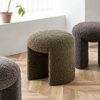 Brown and white boucle stool with short and long design, ideal for living room, bedroom, or entryway seating