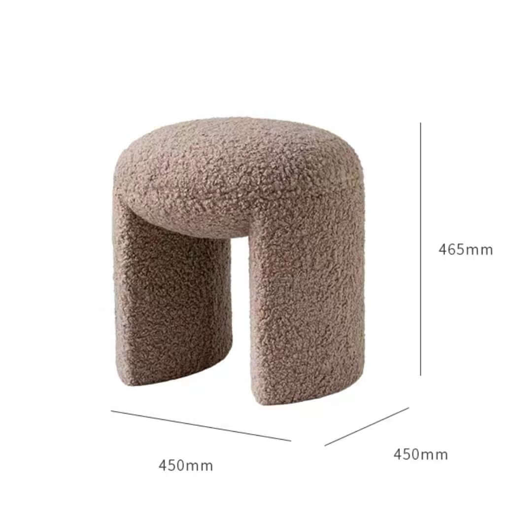 Brown and white boucle stool with short and long design, ideal for living room, bedroom, or entryway seating