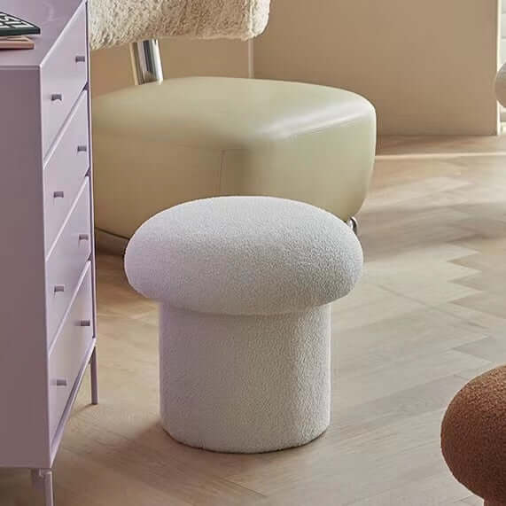 Cute Nordic boucle mushroom stool with round shape, perfect vanity seat for children