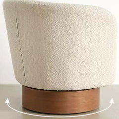 Sleek ivory boucle swivel chair with wooden base for cozy lounge area