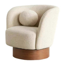 Contemporary ivory boucle swivel chair with wooden base for home decor