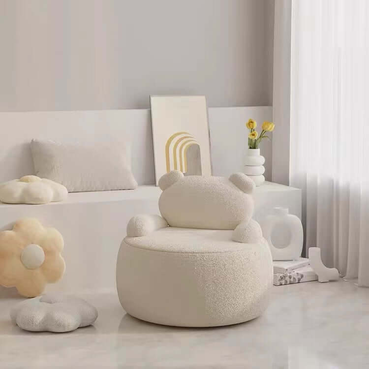 Off-white boucle sherpa bear accent chair with black and brown details, cozy lounge sofa seating