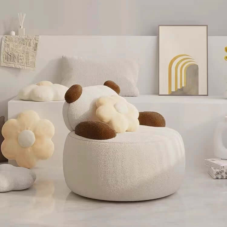 Off-white boucle sherpa bear accent chair with black and brown details, cozy lounge sofa seating