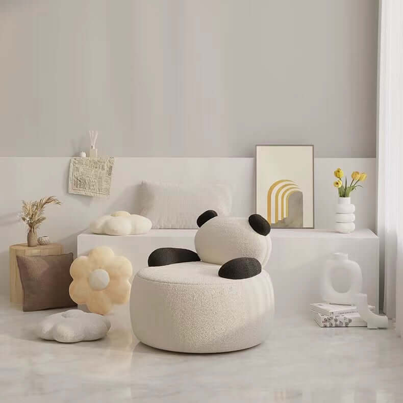 Off-white boucle sherpa bear accent chair with black and brown details, cozy lounge sofa seating