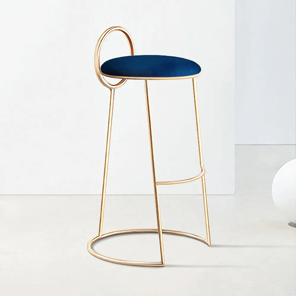 Modern gray velvet counter height bar stool with low back and gold legs in stylish design Main image