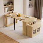 Contemporary walnut and gray dining set with extendable table, 4 chairs, and stylish storage sideboard