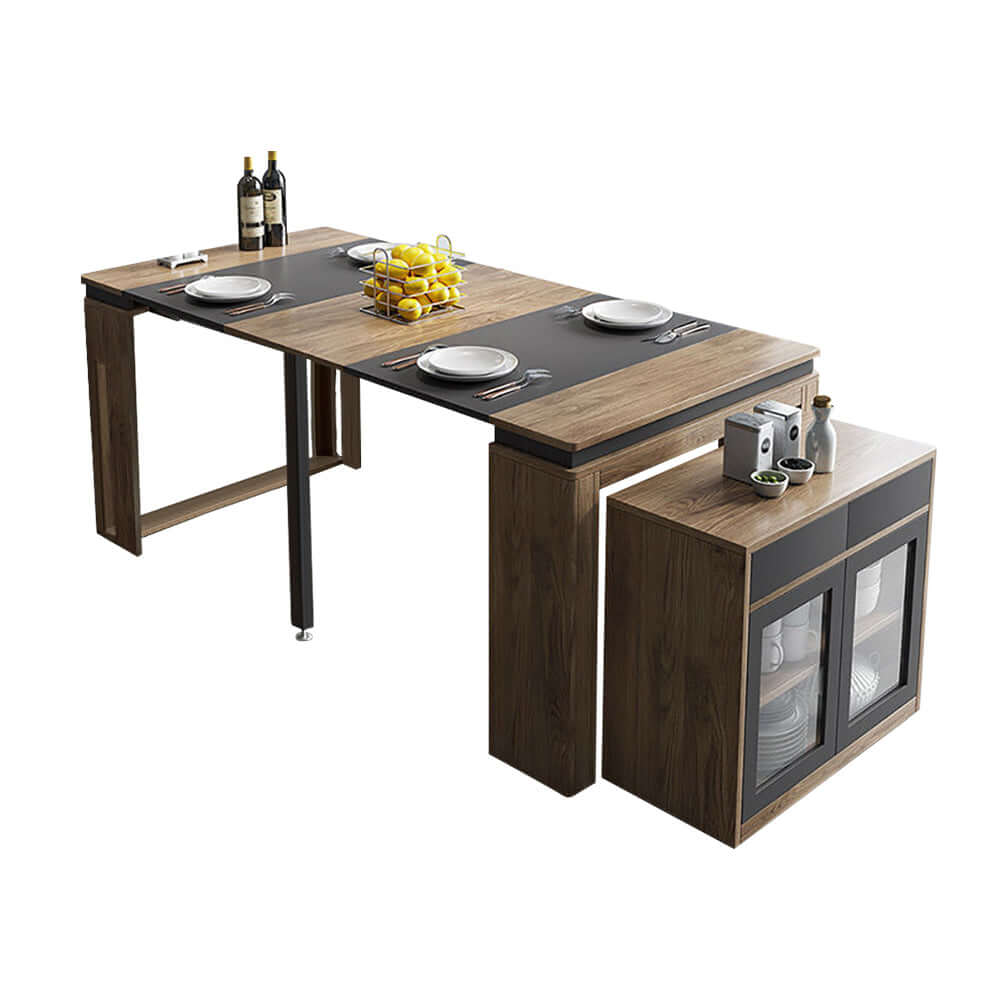 Contemporary walnut and gray dining set with extendable table, 4 chairs, and stylish storage sideboard