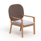 Teak wood outdoor furniture with glass top table and armchair in natural color