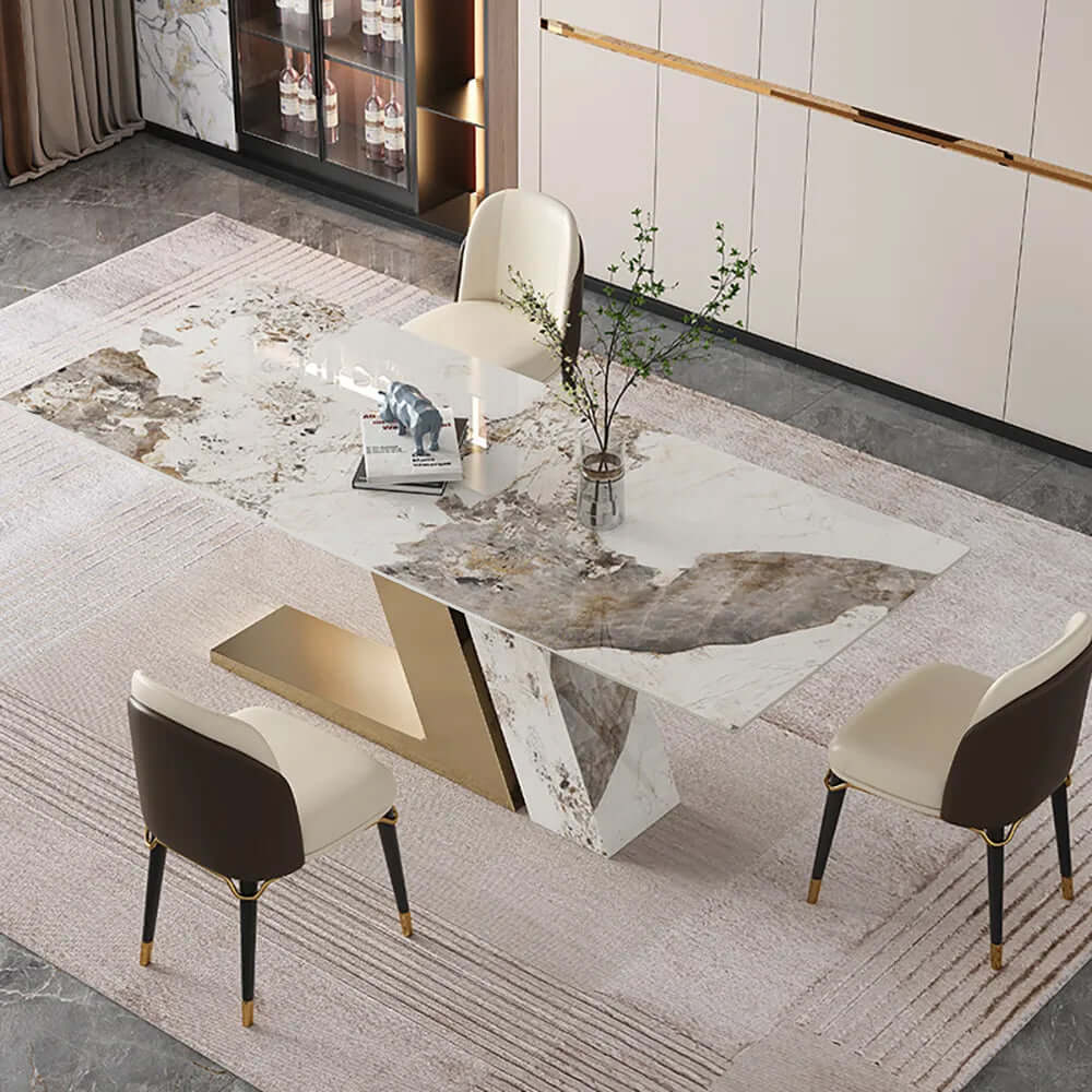Durable Stone Top Dining Table with Gold Stainless Steel Base - Seats 6 - 78.7" Luxotic