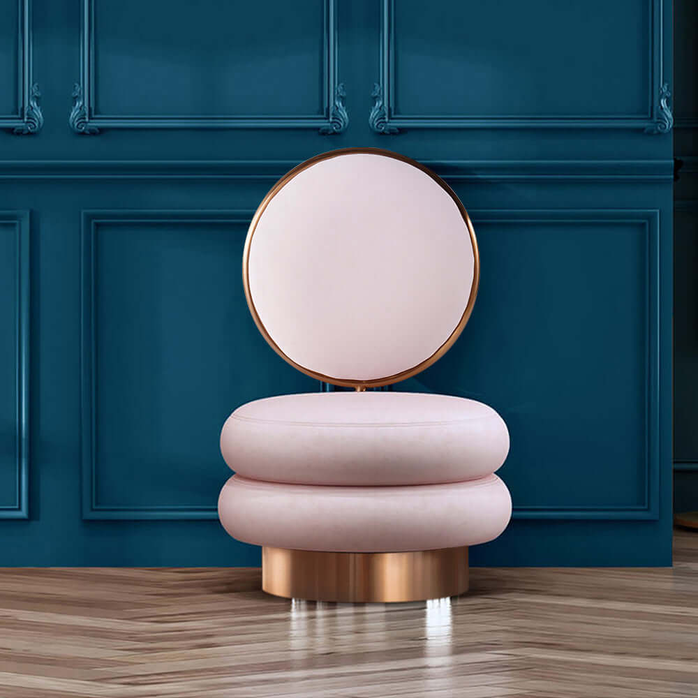Round pink velvet vanity stool with comfortable backrest and tufted design メイン画像