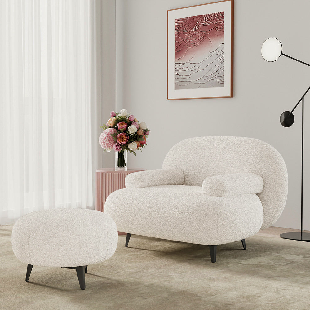 White cream boucle accent chair with matching pouf ottoman for modern lounge seating main product image