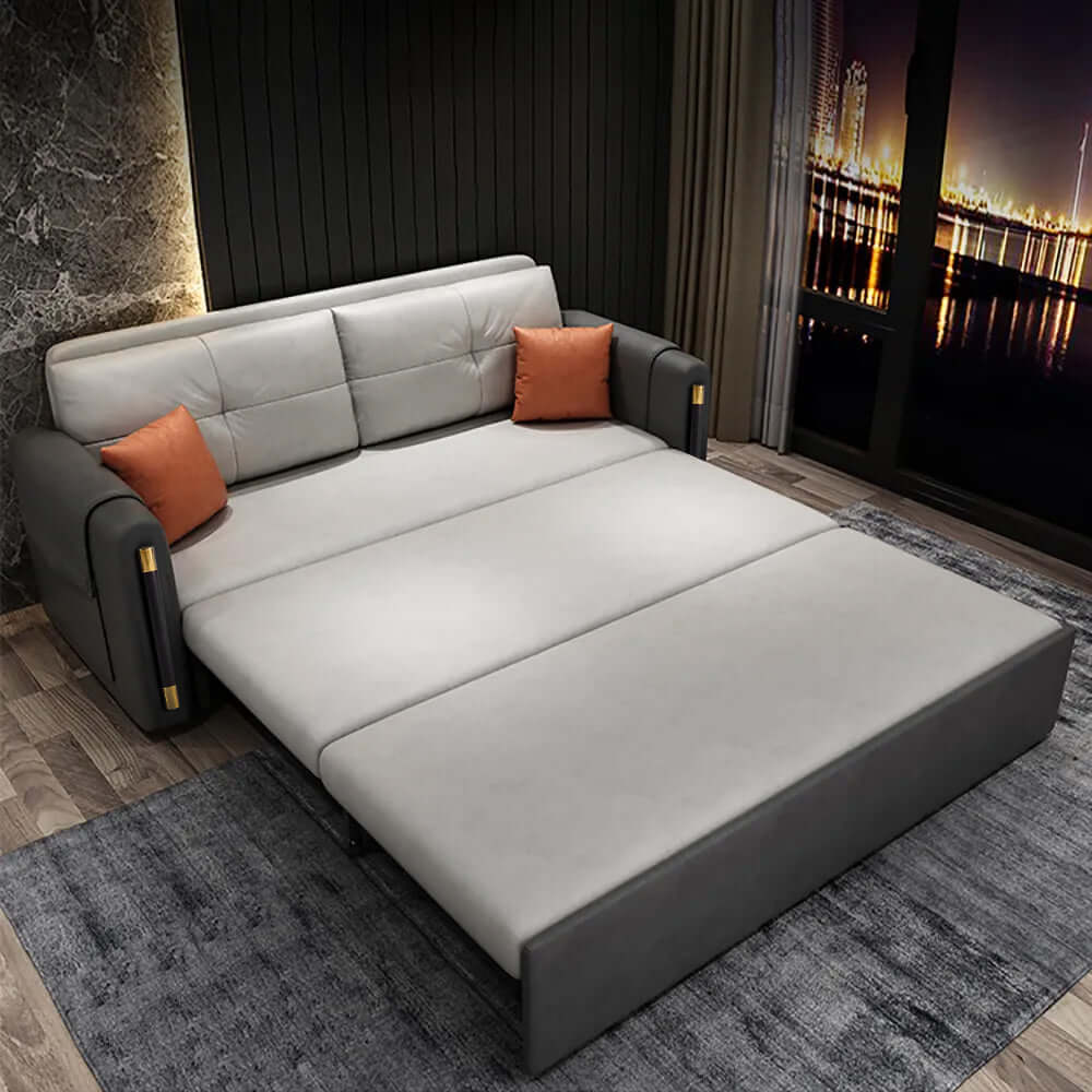 Modern gray convertible full sleeper sofa bed with storage leathaire upholstery メイン画像