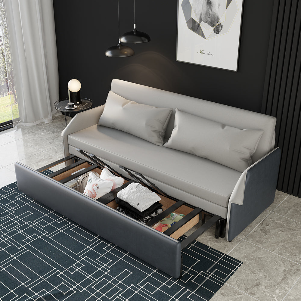 77" Modern Gray Convertible Storage Full Sleeper Sofa LeathAire Upholstery
