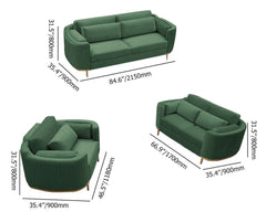 Luxurious green velvet upholstered seating ensemble with chair, loveseat, and sofa for modern living rooms