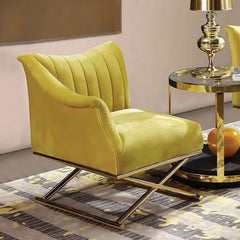 Nordic yellow velvet accent chair with gold legs and left side armrest for stylish living room decor