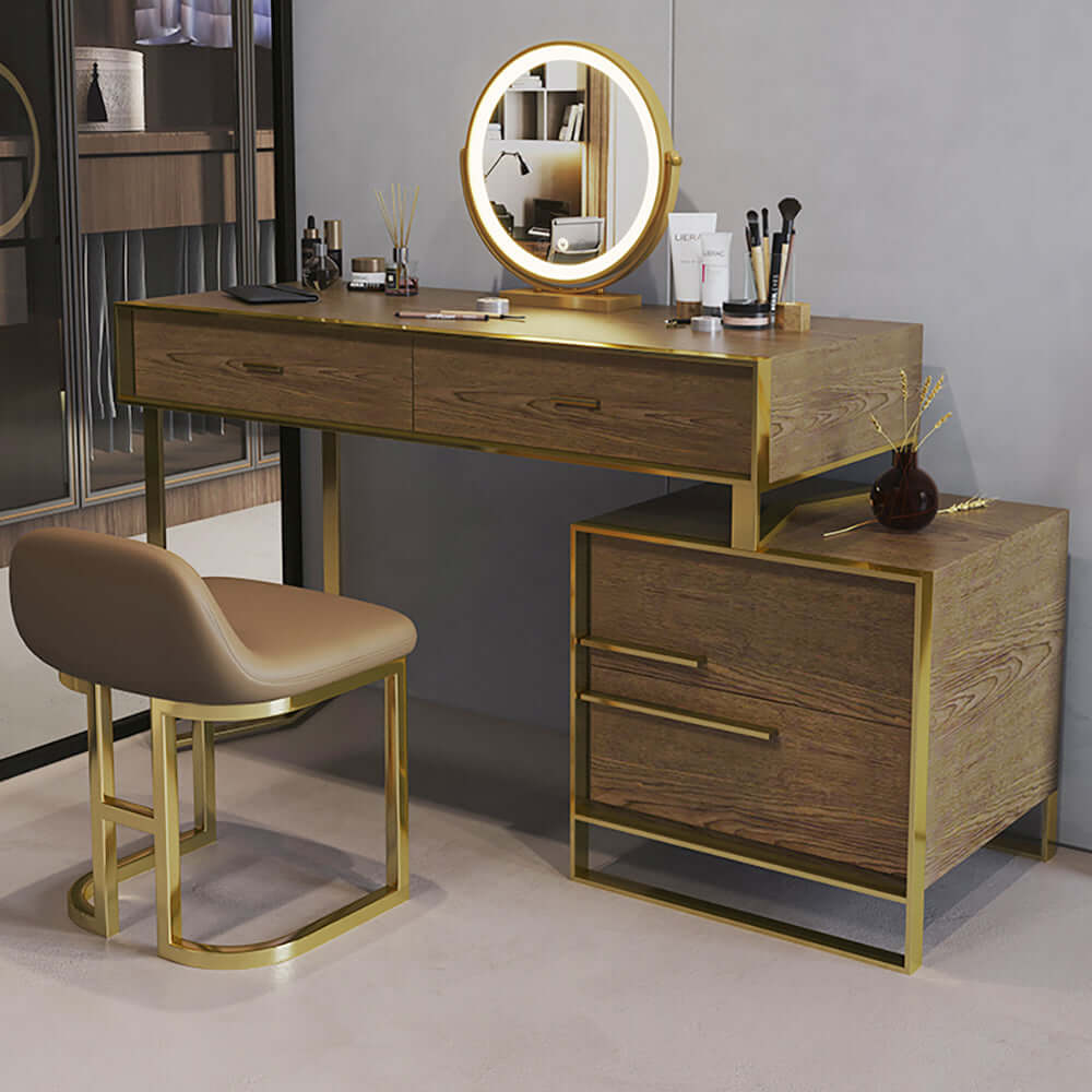 Modern wooden makeup vanity set with walnut finish, drawers, cabinet, dressing table mirror, and stool for bedroom or bathroom メイン画像
