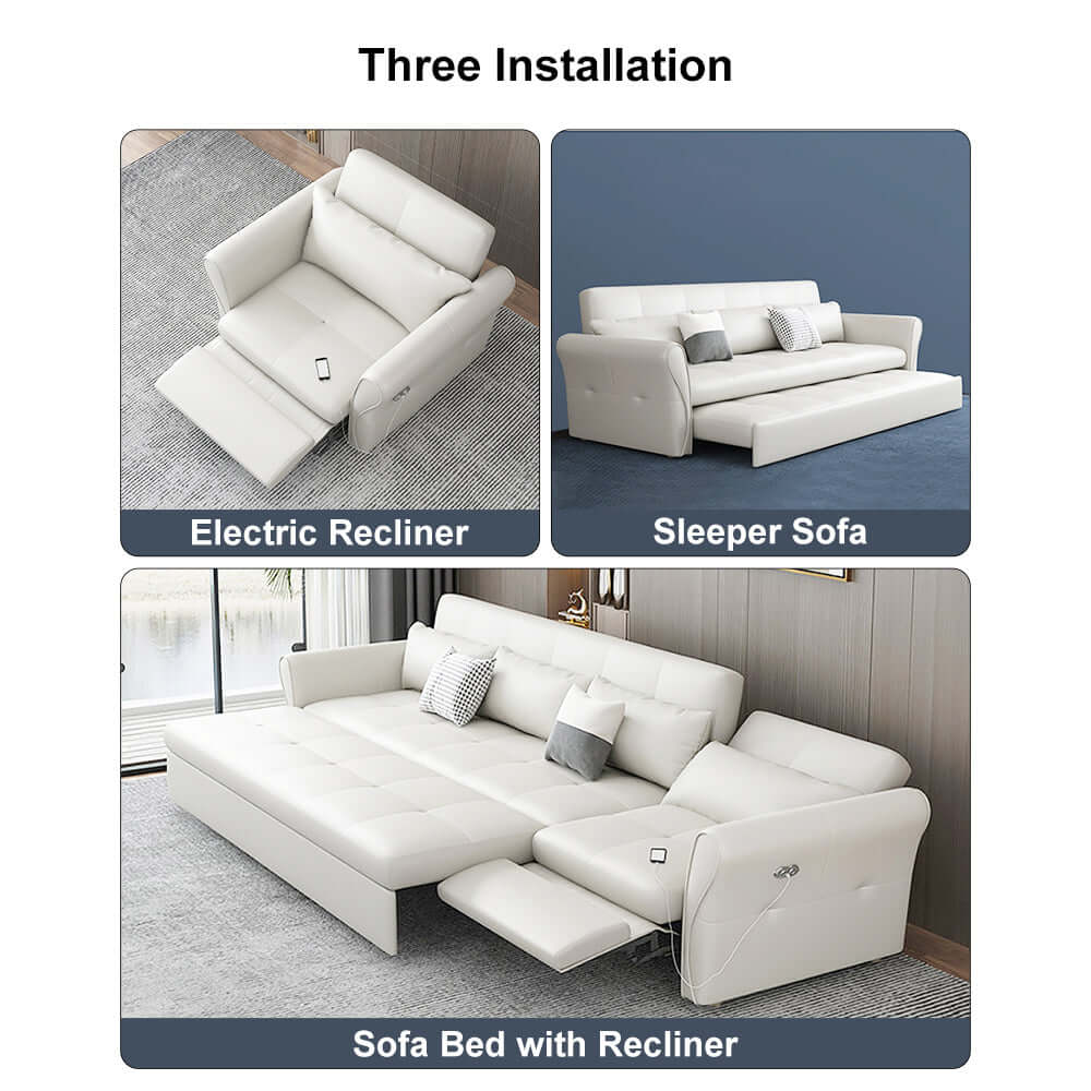 Elegant tufted white leather sleeper sofa bed with power reclining function