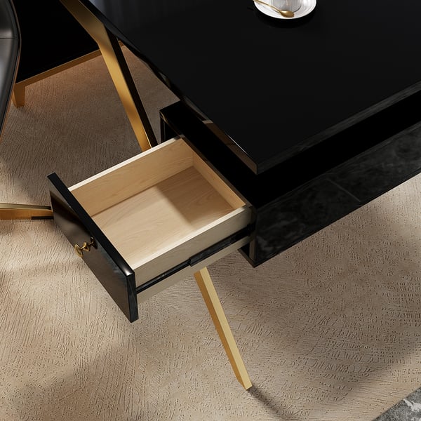 Black modern wooden executive writing desk and chair set for home office, 71 inches