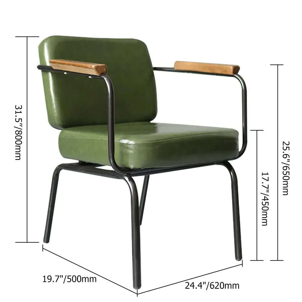 Black metal industrial vintage dining chair with green faux leather