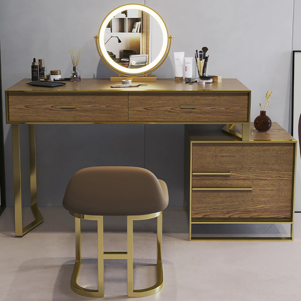 Modern Walnut Makeup Vanity Set with Drawers & Cabinet Dressing Table Mirror & Stool