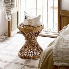 15.7 inch Woven Rattan End Table in Unique Hourglass Shape for Living Room Decor