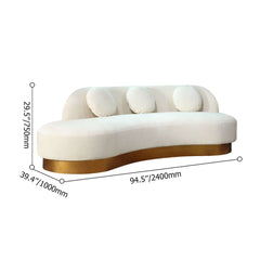 Modern white and gold velvet curved sofa with stainless steel base and pillows for 3 seaters