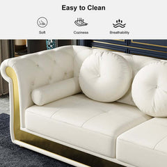 Elegant Dodiy 86.6" Modern White Leather 3-Seater Sofa with Tufted Upholstery and 5 Pillows for Comfortable Living