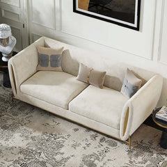 Chic beige velvet sofa with solid wood frame and stylish gold legs for home decor