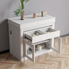 Modern extendable dining table with 4 chairs and rectangle storage sideboard in elegant walnut and gray finish
