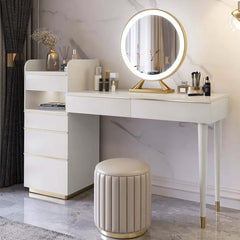 Modern Offwhite Makeup Vanity Set, Dressing Table with Lighted Mirror Cabinet & Stool Combo