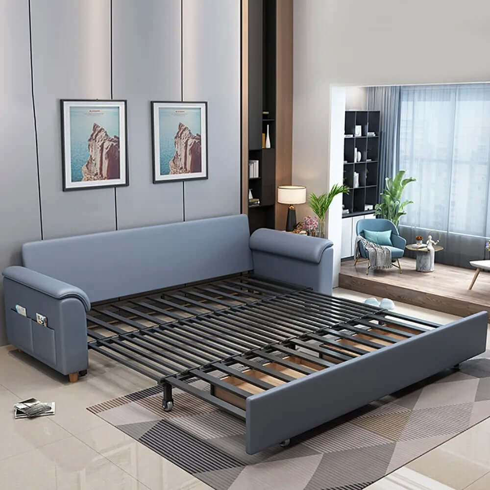 Transformable blue sofa with storage and pockets for versatile living spaces