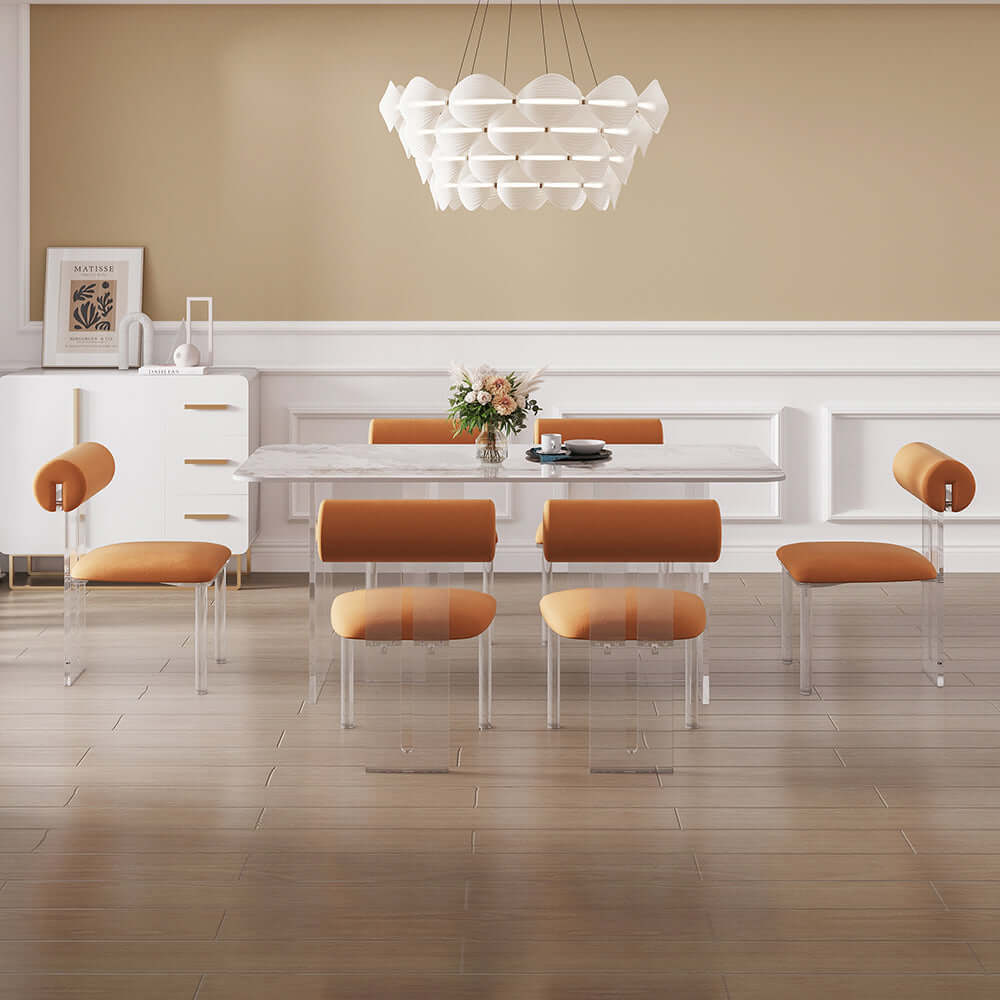 Elegant orange velvet dining chairs, set of 2 modern upholstered acrylic side chairs