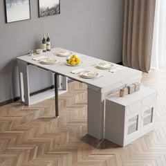 Contemporary walnut and gray dining set with extendable table, 4 chairs, and stylish storage sideboard